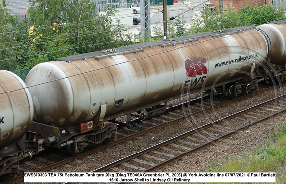 EWS870303 TEA 75t Petroleum Tank tare 26kg [Diag TE046A Greenbrier PL 2006] @ York Avoiding line 2021-07-07 © Paul Bartlett [1w]
