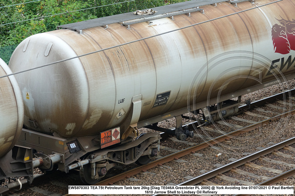 EWS870303 TEA 75t Petroleum Tank tare 26kg [Diag TE046A Greenbrier PL 2006] @ York Avoiding line 2021-07-07 © Paul Bartlett [2w]
