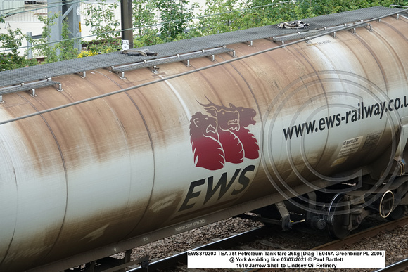 EWS870303 TEA 75t Petroleum Tank tare 26kg [Diag TE046A Greenbrier PL 2006] @ York Avoiding line 2021-07-07 © Paul Bartlett [3w]