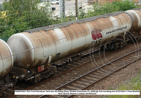 EWS870303 TEA 75t Petroleum Tank tare 26kg [Diag TE046A Greenbrier PL 2006] @ York Avoiding line 2021-07-07 © Paul Bartlett [5w]