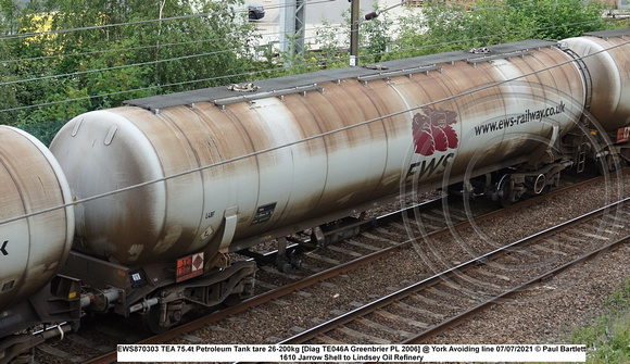 EWS870303 TEA 75t Petroleum Tank tare 26kg [Diag TE046A Greenbrier PL 2006] @ York Avoiding line 2021-07-07 © Paul Bartlett [6w]
