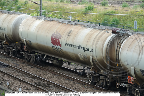 EWS870311 TEA 75.4t Petroleum Tank tare 26-200kg [Diag TE046A Greenbrier PL 2006] @ York Avoiding line 2021-07-07 © Paul Bartlett [1w]