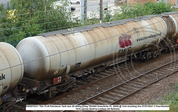 EWS870311 TEA 75.4t Petroleum Tank tare 26-200kg [Diag TE046A Greenbrier PL 2006] @ York Avoiding line 2021-07-07 © Paul Bartlett [4w]