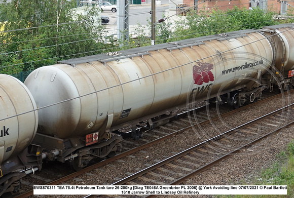 EWS870311 TEA 75.4t Petroleum Tank tare 26-200kg [Diag TE046A Greenbrier PL 2006] @ York Avoiding line 2021-07-07 © Paul Bartlett [5w]