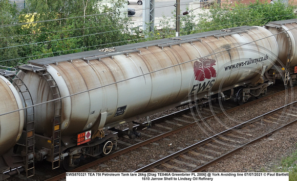 EWS870321 TEA 75t Petroleum Tank tare 26kg [Diag TE046A Greenbrier PL 2006] @ York Avoiding line 2021-07-07 © Paul Bartlett [1w]