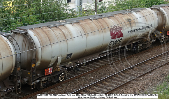 EWS870321 TEA 75t Petroleum Tank tare 26kg [Diag TE046A Greenbrier PL 2006] @ York Avoiding line 2021-07-07 © Paul Bartlett [2w]