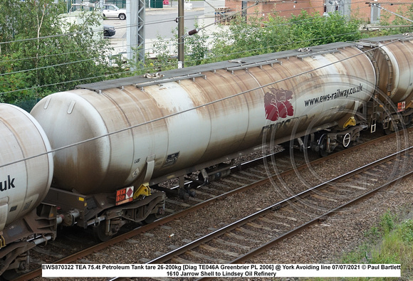 EWS870322 TEA 75.4t Petroleum Tank tare 26-200kg [Diag TE046A Greenbrier PL 2006] @ York Avoiding line 2021-07-07 © Paul Bartlett [2w]