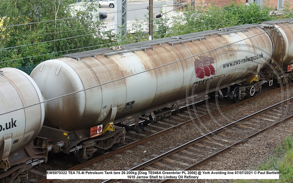 EWS870322 TEA 75.4t Petroleum Tank tare 26-200kg [Diag TE046A Greenbrier PL 2006] @ York Avoiding line 2021-07-07 © Paul Bartlett ]1w]