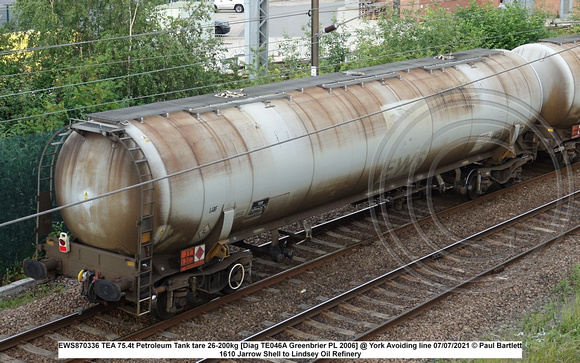 EWS870336 TEA 75.4t Petroleum Tank tare 26-200kg [Diag TE046A Greenbrier PL 2006] @ York Avoiding line 2021-07-07 © Paul Bartlett [1w]