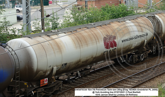 EWS870338 TEA 75t Petroleum Tank tare 26kg [Diag TE046A Greenbrier PL 2006] @ York Avoiding line 2021-07-07 © Paul Bartlett w