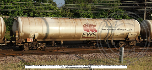 EWS870201 TEA 75.4t Petroleum Tank tare 26-200kg [Diag TE046A Greenbrier PL 2006] @ York Holgate Junction 2021-07-09 © Paul Bartlett [2w]