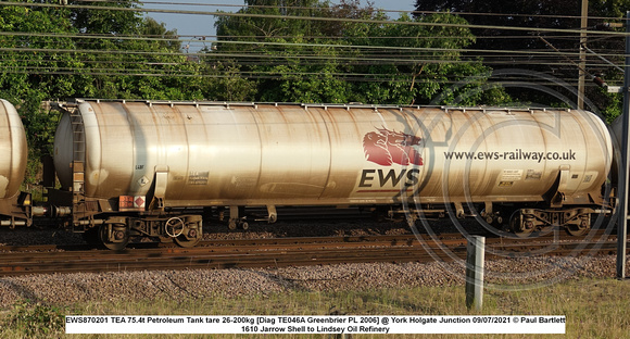 EWS870201 TEA 75.4t Petroleum Tank tare 26-200kg [Diag TE046A Greenbrier PL 2006] @ York Holgate Junction 2021-07-09 © Paul Bartlett [3w]