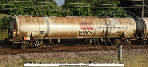 EWS870204 TEA 75.4t Petroleum Tank tare 26-200kg [Diag TE046A Greenbrier PL 2006] @ York Holgate Junction 2021-07-09 © Paul Bartlett [2w]