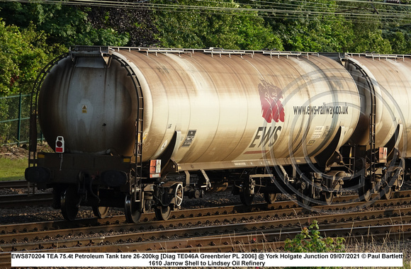 EWS870204 TEA 75.4t Petroleum Tank tare 26-200kg [Diag TE046A Greenbrier PL 2006] @ York Holgate Junction 2021-07-09 © Paul Bartlett [6w]