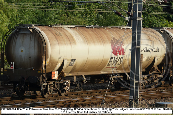 EWS870204 TEA 75.4t Petroleum Tank tare 26-200kg [Diag TE046A Greenbrier PL 2006] @ York Holgate Junction 2021-07-09 © Paul Bartlett [4w]