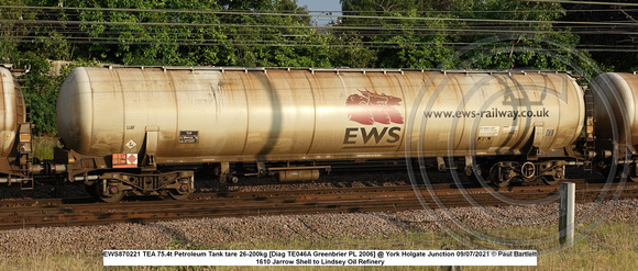 EWS870221 TEA 75t Petroleum Tank tare 26kg [Diag TE046A Greenbrier PL 2006] @ York Holgate Junction 2021-07-09 © Paul Bartlett [1w]