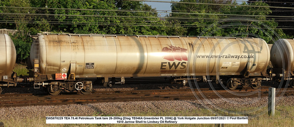 EWS870229 TEA 75.4t Petroleum Tank tare 26-200kg [Diag TE046A Greenbrier PL 2006] @ York Holgate Junction 2021-07-09 © Paul Bartlett [1w]