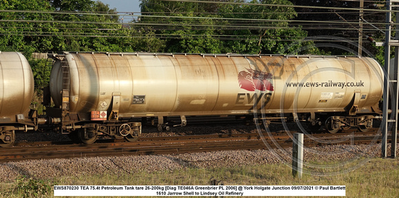 EWS870230 TEA 75.4t Petroleum Tank tare 26-200kg [Diag TE046A Greenbrier PL 2006] @ York Holgate Junction 2021-07-09 © Paul Bartlett [2w]