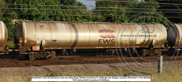 EWS870272 TEA 75t Petroleum Tank tare 26kg [Diag TE046A Greenbrier PL 2006] @ York Holgate Junction 2021-07-09 © Paul Bartlett [2w]