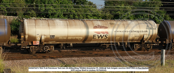 EWS870273 TEA 75.4t Petroleum Tank tare 26-200kg [Diag TE046A Greenbrier PL 2006] @ York Holgate Junction 2021-07-09 © Paul Bartlett [1w]