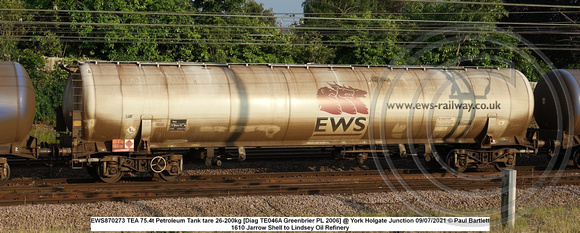 EWS870273 TEA 75.4t Petroleum Tank tare 26-200kg [Diag TE046A Greenbrier PL 2006] @ York Holgate Junction 2021-07-09 © Paul Bartlett [2w]