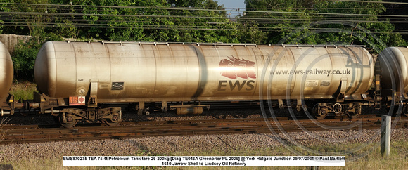 EWS870275 TEA 75.4t Petroleum Tank tare 26-200kg [Diag TE046A Greenbrier PL 2006] @ York Holgate Junction 2021-07-09 © Paul Bartlett [1w]