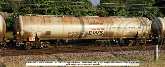 EWS870286 TEA 75.4t Petroleum Tank tare 26-200kg [Diag TE046A Greenbrier PL 2006] @ York Holgate Junction 2021-07-09 © Paul Bartlett [1w]
