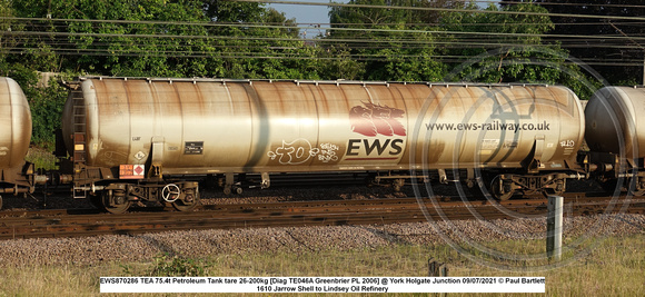 EWS870286 TEA 75.4t Petroleum Tank tare 26-200kg [Diag TE046A Greenbrier PL 2006] @ York Holgate Junction 2021-07-09 © Paul Bartlett [2w]