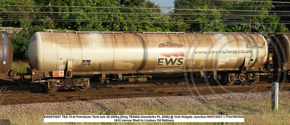 EWS870287 TEA 75.4t Petroleum Tank tare 26-200kg [Diag TE046A Greenbrier PL 2006] @ York Holgate Junction 2021-07-09 © Paul Bartlett [2w]