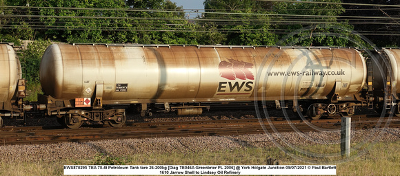 EWS870295 TEA 75.4t Petroleum Tank tare 26-200kg [Diag TE046A Greenbrier PL 2006] @ York Holgate Junction 2021-07-09 © Paul Bartlett [1w]