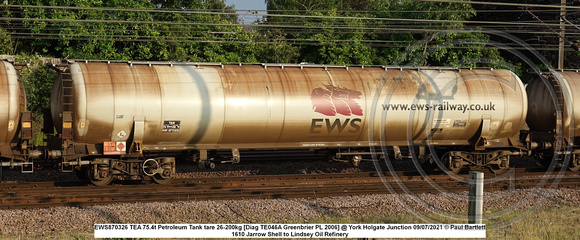 EWS870326 TEA 75.4t Petroleum Tank tare 26-200kg [Diag TE046A Greenbrier PL 2006] @ York Holgate Junction 2021-07-09 © Paul Bartlett [2w]