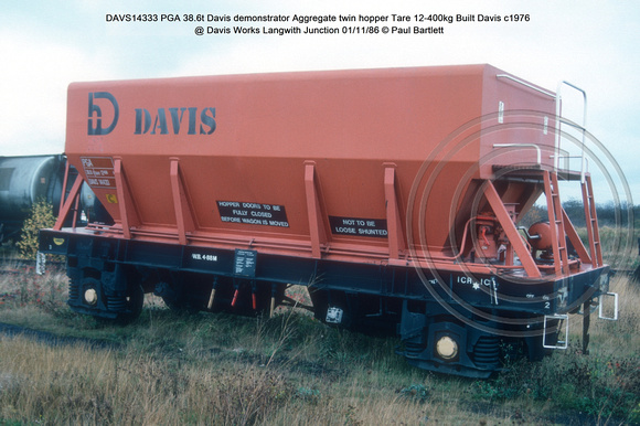 DAVS14433 PGA 38.6t Davis demonstrator Aggregate twin hopper Tare 12-400kg Built Davis c1976 @ Davis Works Langwith Junction 86-11-01 © Paul Bartlett w