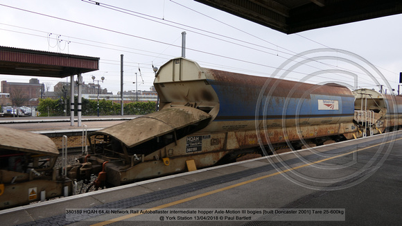 380189 HQAH 64.4t Network Rail Autoballaster intermediate hopper Axle-Motion III bogies [built Doncaster 2001] Tare 25-600kg @ York Station 2018-04-13 © Paul Bartlett w