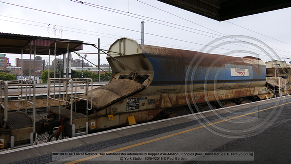 380190 HQAH 64.4t Network Rail Autoballaster intermediate hopper Axle-Motion III bogies [built Doncaster 2001] Tare 25-600kg @ York Station 2018-04-13 © Paul Bartlett w