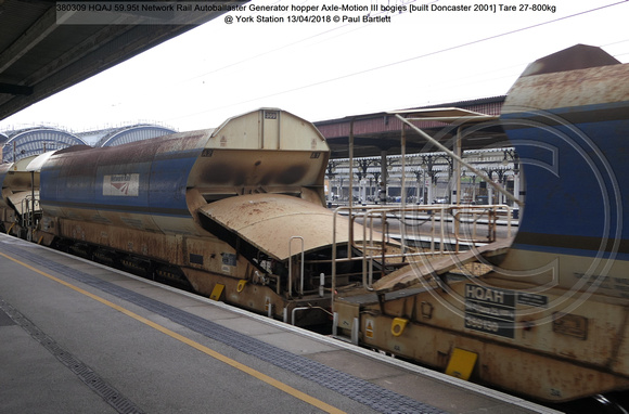 380309 HQAJ 59.95t Network Rail Autoballaster Generator hopper Axle-Motion III bogies [built Doncaster 2001] Tare 27-800kg @ York Station 2018-04-13 © Paul Bartlett w