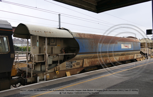 380337 HQAJ 59.95t Network Rail Autoballaster Generator hopper Axle-Motion III bogies [built Doncaster 2001] Tare 27-800kg @ York Station 2018-04-13 © Paul Bartlett w