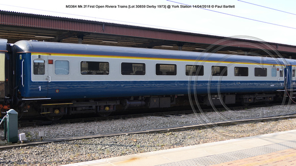 M3364 Mk 2f First Open Riviera Trains [Lot 30859 Derby 1973] @ York Station 2018-04-14 © Paul Bartlett [1w]