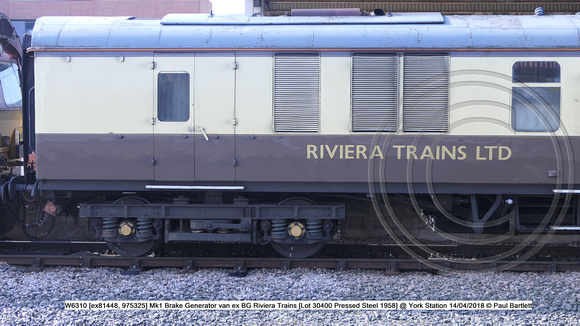 W6310 [ex81448, 975325] Mk1 Brake Generator van ex BG Riviera Trains [Lot 30400 Pressed Steel 1958] @ York Station 2018-04-14 © Paul Bartlett [2w]