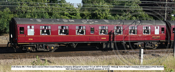 3136 Diana Mk 1 First Open owned West Coast Railway Company [Diagram number 73 Lot 30717 Swindon 1963] @ York Holgate Junction 2022-07-07 © Paul Bartlett w