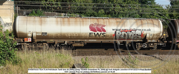 EWS870333 TEA 75.4t Petroleum Tank tare 26.200kg [Diag TE046A Greenbrier PL 2006] @ York Holgate Junction 2022-07-07 © Paul Bartlett w