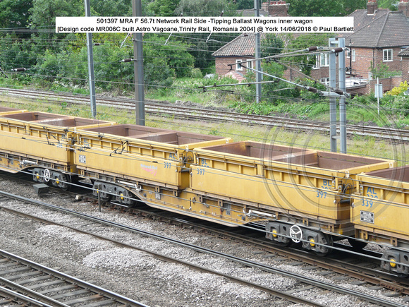 501397 MRA F 56.7t Network Rail Side -Tipping Ballast Wagons inner wagon [Design code MR006C built Astro Vagoane,Trinity Rail, Romania 2004] @ 2018-06-14 © Paul Bartlett [w]