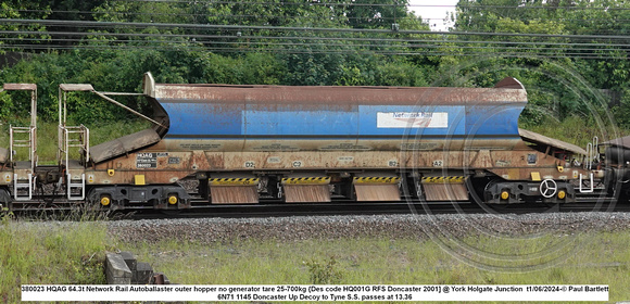380023 HQAG 64.3t Network Rail Autoballaster outer hopper no generator tare 25-700kg {Des code HQ001G RFS Doncaster 2001] @ York Holgate Junction 2024-06-11 © Paul Bartlett w