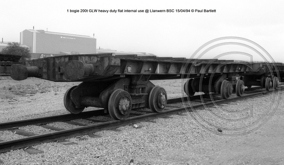 1 bogie 200t GLW heavy duty flat internal use @ Llanwern BSC 94-04-15 © Paul Bartlett [3w]