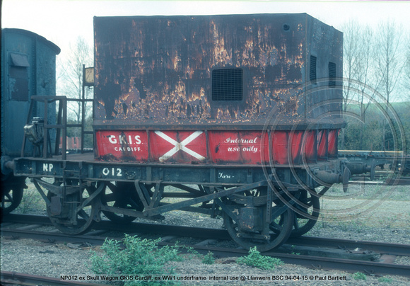 NP012 ex Skull Wagon GKIS Cardiff, ex WW1 underframe  internal use @ Llanwern BSC 94-04-15 © Paul Bartlett [2w]