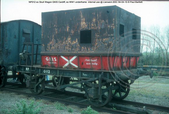 NP012 ex Skull Wagon GKIS Cardiff, ex WW1 underframe  internal use @ Llanwern BSC 94-04-15 © Paul Bartlett [3w]