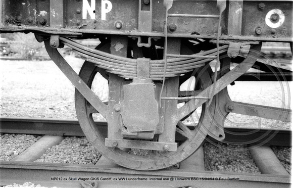 NP012 ex Skull Wagon GKIS Cardiff, ex WW1 underframe  internal use @ Llanwern BSC 94-04-15 © Paul Bartlett [4w]