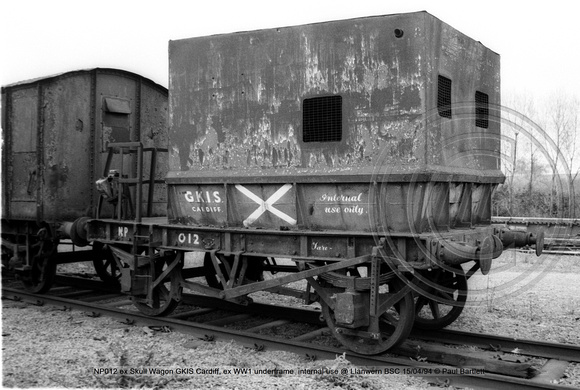 NP012 ex Skull Wagon GKIS Cardiff, ex WW1 underframe  internal use @ Llanwern BSC 94-04-15 © Paul Bartlett [5w]