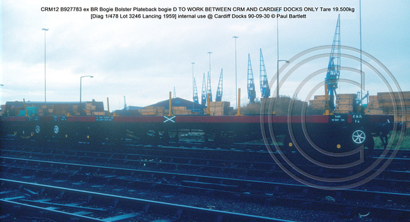 CRM12 B927783 ex BR Bogie Bolster D Plateback bogie Tare 19.500kg [Diag 1-478 Lot 3246 Lancing 1959] internal use @ Cardiff Docks 90-09-30 © Paul Bartlett w