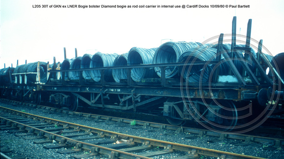 L205 30T of GKN ex LNER Bogie bolster Diamond bogie as rod coil carrier in internal use @ Cardiff Docks 80-09-10 © Paul Bartlett w