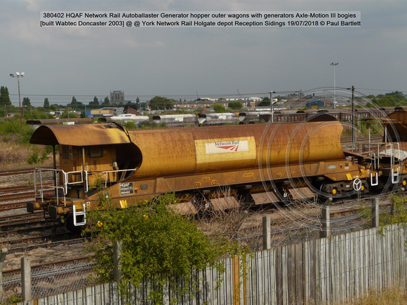 380402 HQAF Network Rail Autoballaster Generator hopper outer wagons with generators  [built Wabtec Doncaster 2003] @ @ York NR Holgate Reception Sidings 2018-07-19 © Paul Bartlett [1w]